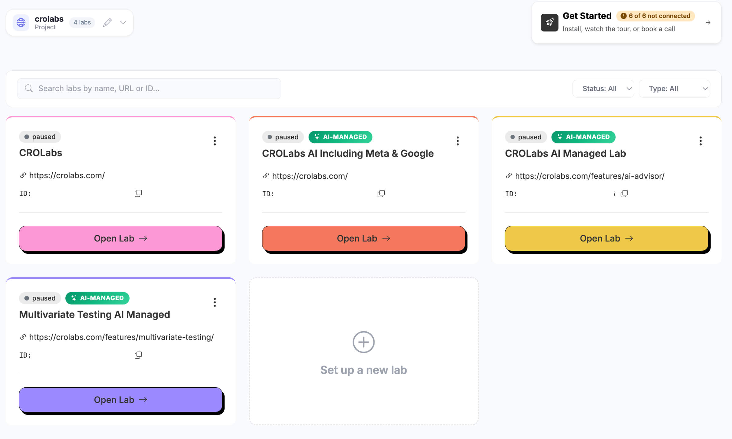 Screenshot of a CROLabs project showing its lab count and the labs listed underneath it